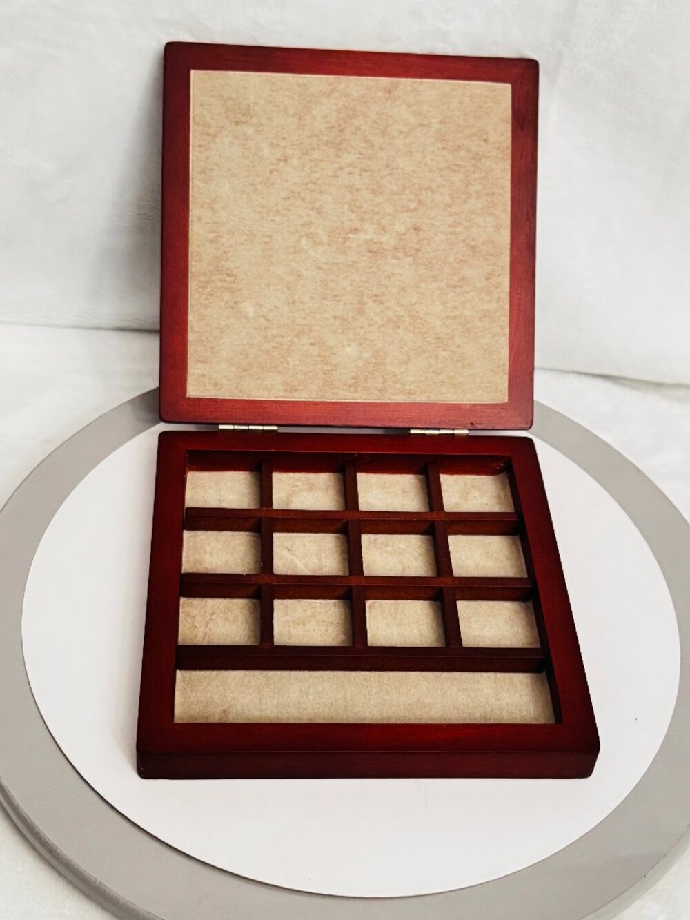 Wooden 5.5" Square Storage Box For Jewelry Trinket Box 13 Compartments Brown Tan